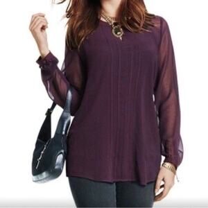 Cabi Port Entice Sheer Long Sleeve Key Hole Neck Pleated Blouse Plum Large